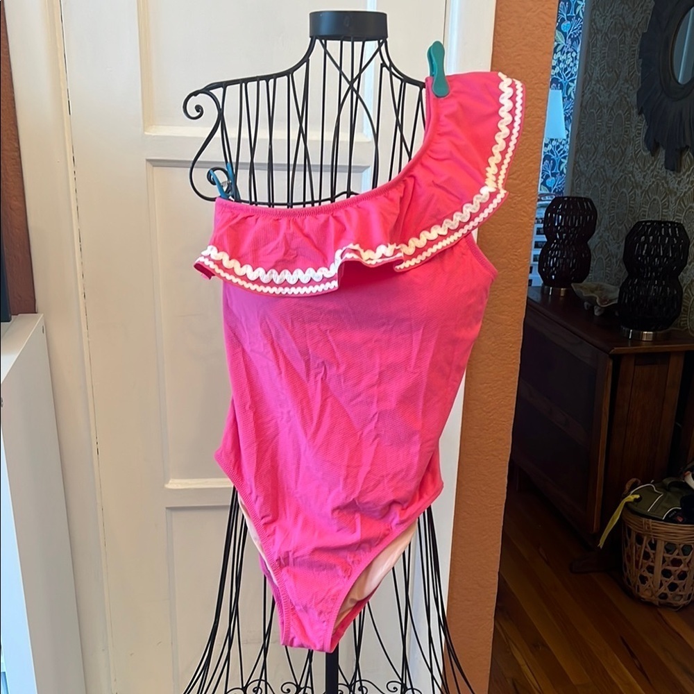 J Crew One Shoulder Hot Pink Ruffle Ric Rac One-piece Swimsuit-Size 8